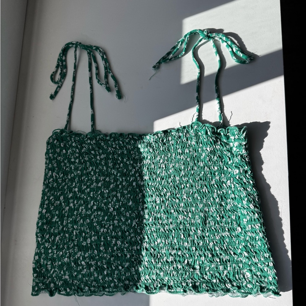 stradivarius Green Knit Smocked Tie-Shoulder Crop Top